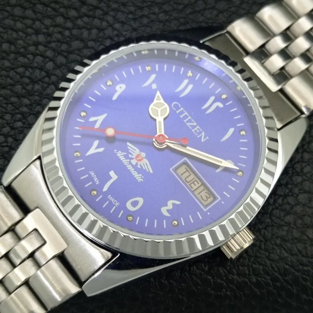 Vintage 1978 Citizen Automatic Mens Silver Watch W/daydate & Blue accents